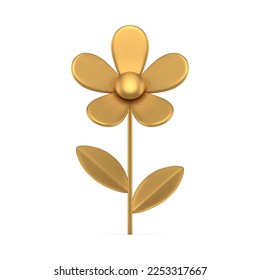 Golden chamomile Easter premium metallic bauble design 3d icon realistic vector illustration. Glossy minimalist jewelry luxury daisy wheel with petals and stem leaves spring summer floral plant toy