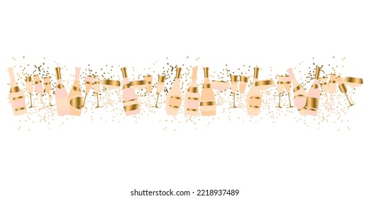 Golden champagne banner. Vector celebration header with sparkling wine for new year, christmas, wedding, celebration, party, birthday.