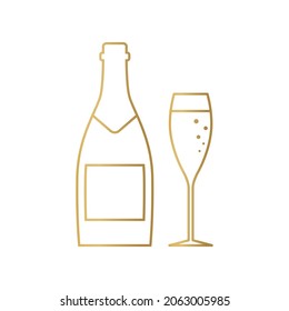 golden champagne bottle and glass, cheers, New Year Eve- vector illustration