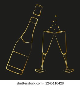 Golden Champagne Bottle And Glasses Outline Drawing Vector Illustration EPS10