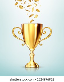 Golden champion cup and falling coins. Realistic vector illustration