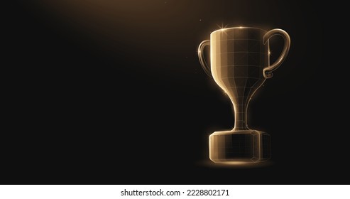 Golden champion cup form lines and triangles, point connecting network on blue background. Illustration vector