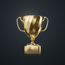 Golden Champion Cup Isolated On Black Background. Vector Realistic 3d Illustration. Championship Trophy. Sport Award. Victory Concept