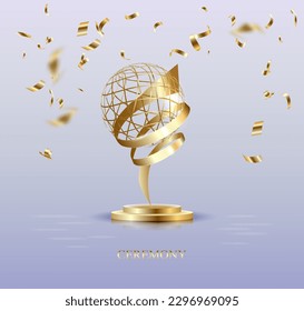 Copa campeona de oro aislada de fondo blanco. Ilustración 3d realista vectorial. Trofeo de campeonato con brillantes partículas de confeti. Premio al torneo deportivo. Concepto de victoria