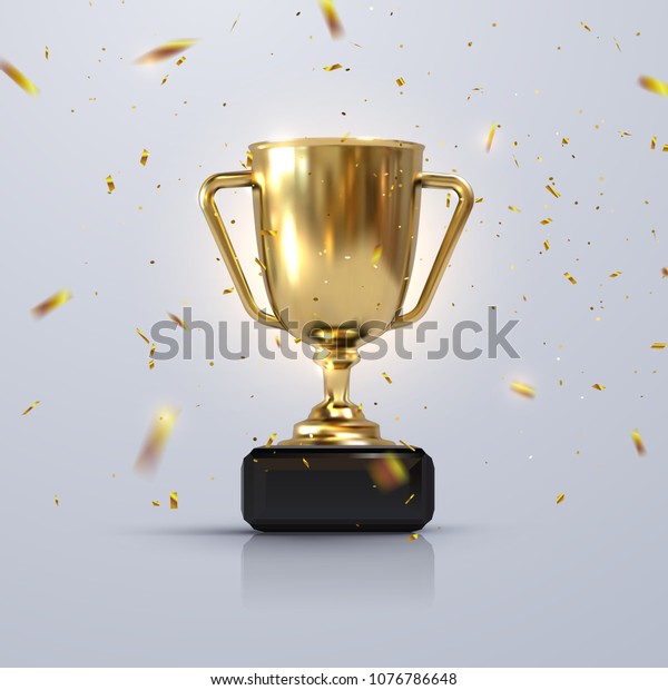 Golden\
champion cup isolated on white background. Vector realistic 3d\
illustration. Championship trophy with glittering confetti\
particles. Sport tournament award. Victory\
concept