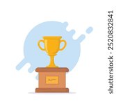 Golden champion cup on big wooden pedestal in the hall of fame. Wooden base pedestal and winner cup with gold star. Trophy room flat style vector illustration.