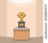 Golden champion cup on pedestal in the hall of fame. Wooden base pedestal and winner cup with gold star. Trophy room line style vector illustration.