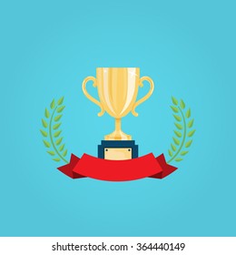 Golden champion cup with red ribbon and green laurel wreath. Competition, success, victory concept. Vector flat design style illustration.