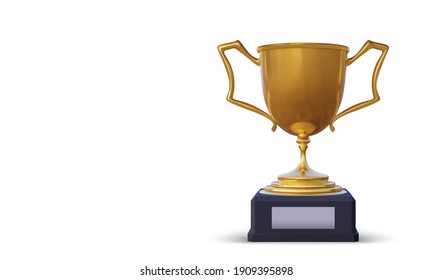 Golden Champion Cup With Reflection And Shadow Isolated On White Background. Sport Tournament Award. Vector Illustration