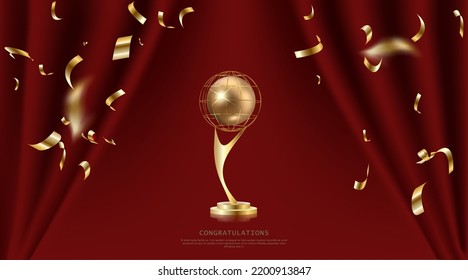 Golden champion cup with wavy red fabric sheets on black background. Vector realistic 3d illustration. Championship trophy. Sport award. Victory concept