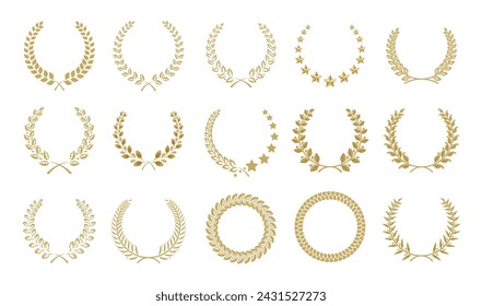 Golden Champion Lorbeerkränze flache Farbe Illustration Set. Victory Trophäe Girlanden Element Icons auf weißem Hintergrund. Erfolg bei Unternehmensemblemen