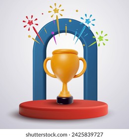 Golden champion trophy cup or prize for winners on podium with salute in bright cartoon 3d style. Cute modern minimal vector illustration.