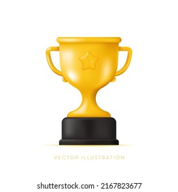 Goldene Champion-Trophäe, Tasse mit Stern. Gewinnerpreis, Sportpreis, Erfolgskonzept. Vektorgrafik im minimalen 3D-Stil