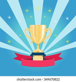 Golden championship cup with a red ribbon. Trophy, award, prize. Vector illustration.
