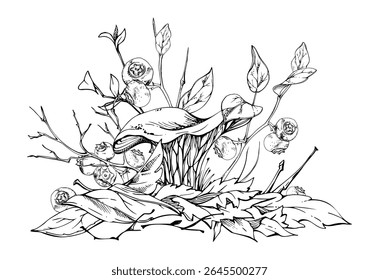 Cogumelo girolle chanterelle dourado, bagas de mirtilo em cima de folhas de outono caídas pilha com galhos, ramos. Mão de ilustração da natureza fungi desenhada em tinta vetorial. Ecossistema de habitat de pavimentos florestais.
