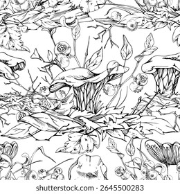 Golden chanterelle girolle mushroom, blueberry berries. Fungi nature seamless pattern hand drawn in vector ink. Forest floor habitat ecosystem on top of fallen autumn leaves pile with twigs, branches