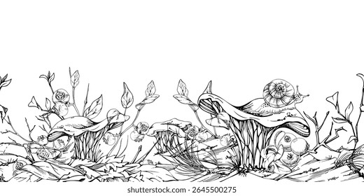 Golden chanterelle girolle mushroom snail, blackberry cranberry twigs, pine needles bark moss lichen growth. Fungus seamless banner header hand drawn in vector ink. Wild food, farmers market packaging