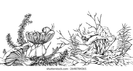 Canterelo dourado girolle, cogumelo russula cortinarius webcap em cima de outono caído folhas pilha com galhos, ramos. Fungos natureza mão banner sem costura desenhado em tinta vetorial. Estêncils de cozinha de linho