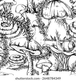 Canterelo dourado girolle, russula webcap vidoeiro bolete suillus escorregadio jack cogumelos, haste de planta de cavalinha. Fungos natureza sem costura padrão mão desenhada em tinta vetorial. Embalagens para o mercado de alimentos selvagens