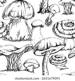 Canterelo dourado girolle, russula webcap vidoeiro bolete suillus cogumelos jack escorregadio. Fungos natureza sem costura padrão mão desenhada em tinta vetorial. Papel de embrulho de presente de toalha de mesa de linho, fundos