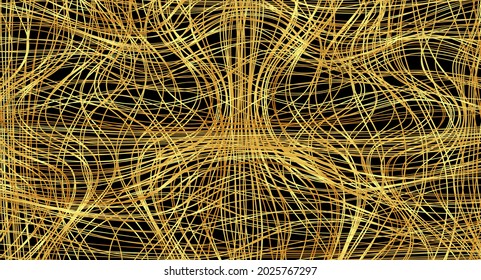 Golden chaotic lines background. Tangled chaotic pattern. Vector illustration.