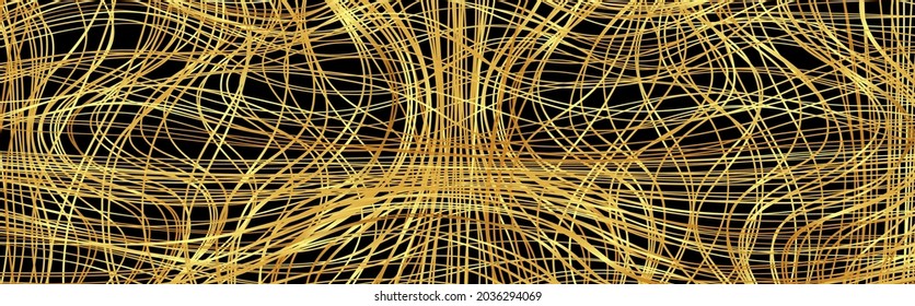 Golden chaotic lines background. Tangled chaotic pattern. Vector illustration.