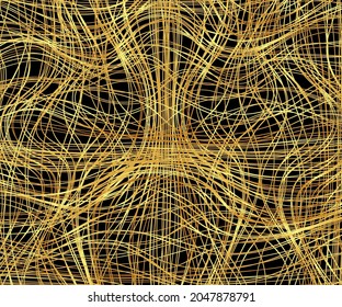 Golden chaotic lines background. Tangled chaotic pattern. Vector illustration.