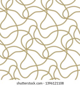 Golden Chaotic Ropes and Sea Objects Seamless Pattern.