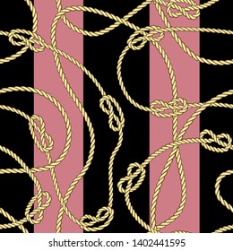 Golden Chaotic Straped Ropes with Sea Knot Seamless Pattern.