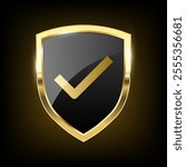 Golden Check mark, Gold black shield Realistic armory trophy with metal coat, tick icon protection emblem, vintage Approved Label shiny royal award. vector design illustration on dark background 
