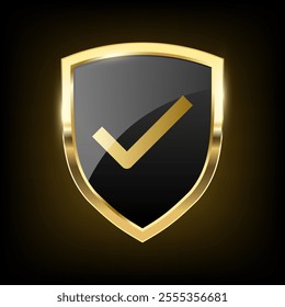 Golden Check mark, Gold black shield Realistic armory trophy with metal coat, tick icon protection emblem, vintage Approved Label shiny royal award. vector design illustration on dark background 