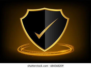 Golden check mark icon. Tick symbol in black shield gold border  color. Vector Illustration 