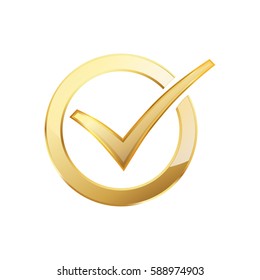 Golden check mark inside in the golden circle. Vector illustration. Golden ring with check mark