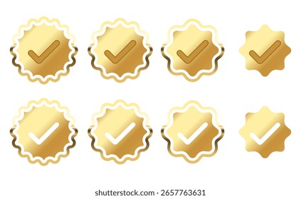 Conjunto de etiquetas de marca de verificación dorada, círculo de borde ondulado redondo, etiqueta engomada brillante Insignia con ícono de garrapata Icono de insignia verificado Etiquetas de verificación de Cuenta de redes sociales, Vector de borde dentado redondo