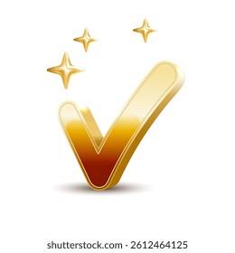 Golden Check Mark Vector Sign Illustration in white background with gold shine effect