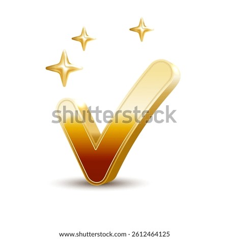 Golden Check Mark Vector Sign Illustration in white background with gold shine effect