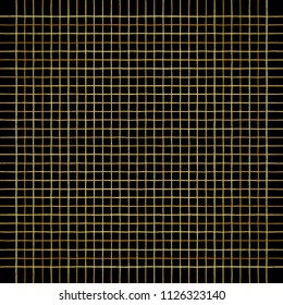 Golden check, square, plaid vector pattern. Lattice, trellis, grating, mesh, cage texture. Gold vertical and horizontal uneven crossing stripes, lines, bars. Chequered geometrical background.