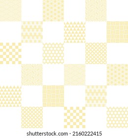 Golden checkered pattern background with various traditional Japanese patterns