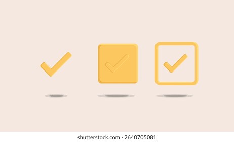 Golden Checkmark Icons: Approval Success Symbols. A set of three gold-colored checkmarks in different styles: a standalone tick, one in a solid box, and one in an outlined box