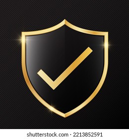 Golden checkmark on black glossy shield vector illustration