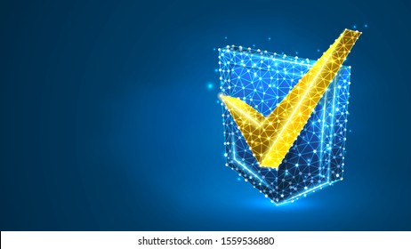Golden Checkmark on a Shield. Network security, data safety, internet protection concept. Abstract, digital, wireframe, low poly mesh, vector blue neon 3d illustration. Line, dot