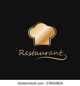 Golden chef hat logotype, restaurant symbol, vector icon. Great for menu, card.