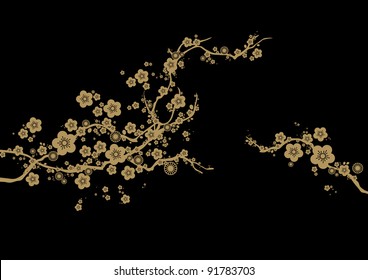 golden cherry blossom against black background vector/illustration