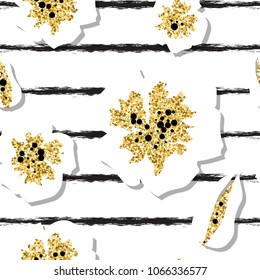 Golden cherry blossom seamless pattern with striped background. Vector illustration. Eps 10