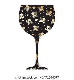 golden cherub with bow and arrow, pattern inside black wine glass