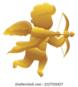 Golden cherub figurine with wings, bow and arrow, wearing a scarf and a tunic. Design isolated over white background.