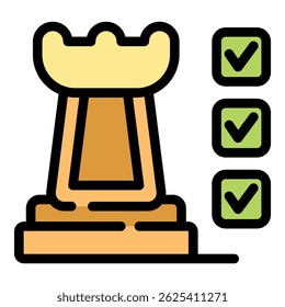 Golden chess rook piece standing with strategy checkmarks illustrating a strategic planning concept