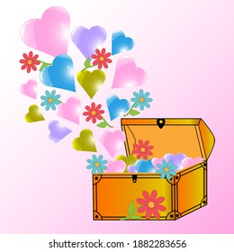 Golden chest with hearts and flowers for Valentine's day.