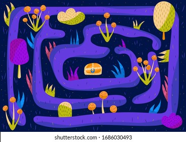 A golden chest in the middle of a cute hedge maze full of plants and trees at night.