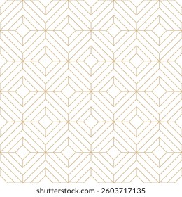 Golden chevron line tiles on white background seamless vector pattern. Geometric linear diamond grid luxury linear pattern. Fine golden chevron lines minimalist background design.
